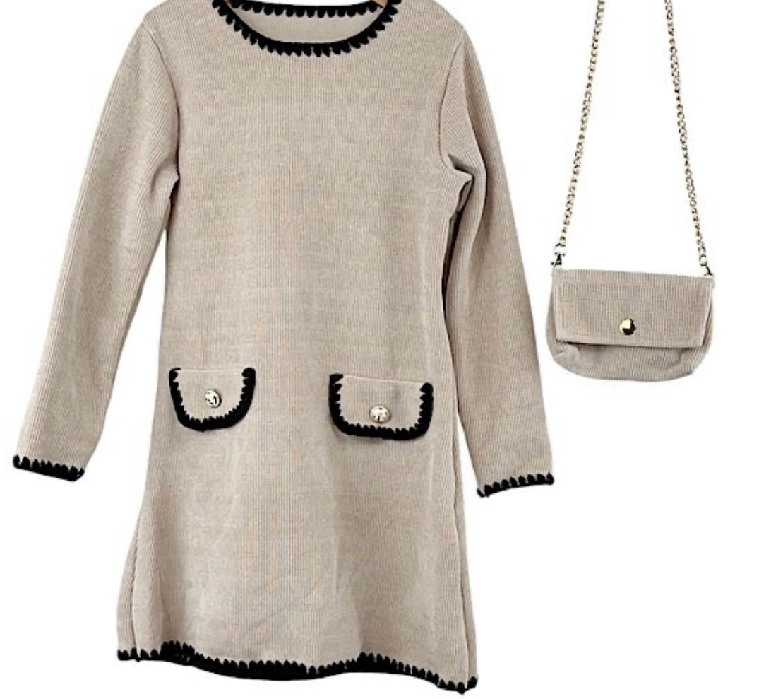 TLC Girls Warm Jumper Dress With Handbag