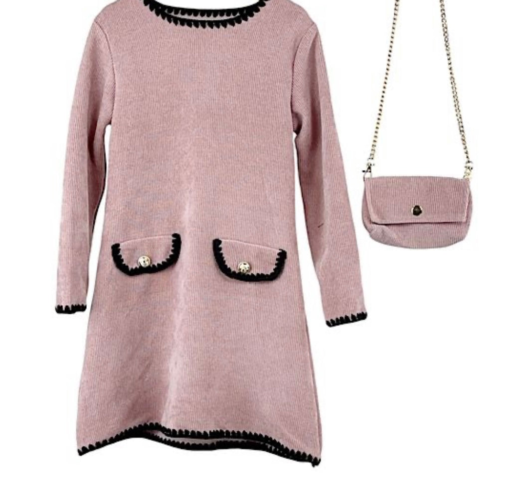 TLC Girls Warm Jumper Dress With Handbag