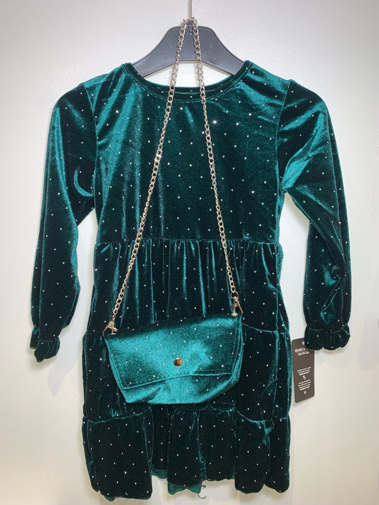 TLC Girls Spotted Diamante Soft Velour Cute Dress Outfit with Handbag